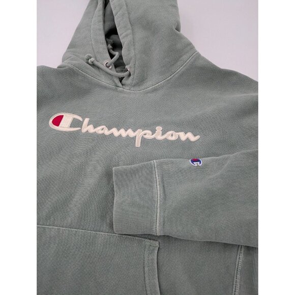 Champion Hooded Sweatshirt Womens Size Medium Green Drawstring Front Logo - Picture 7 of 7